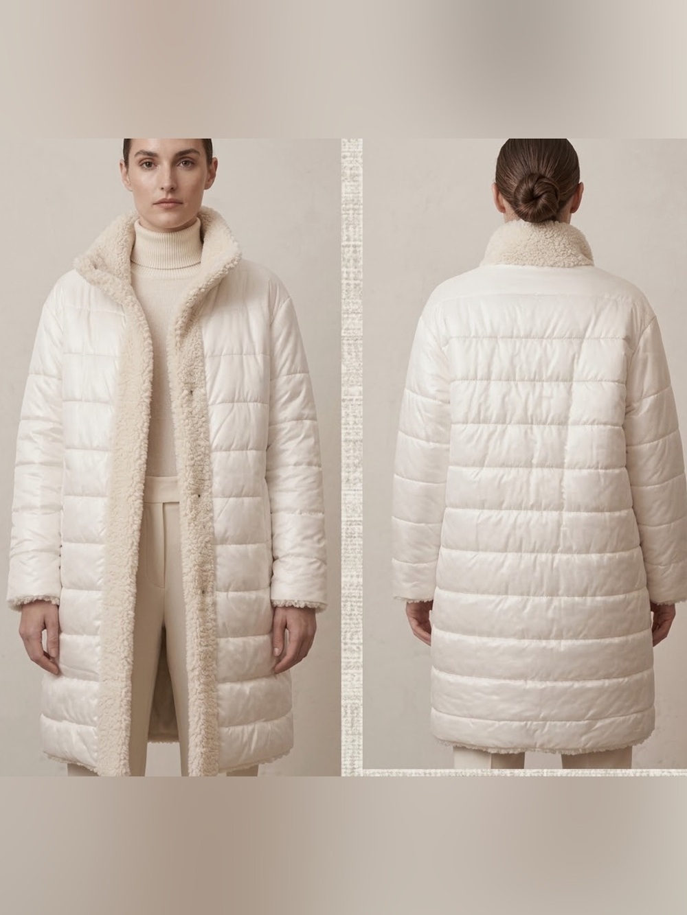 Donna Karan Reversible Ivory Reversible Quilted Faux Fur Coat/ Puffer Coat: M